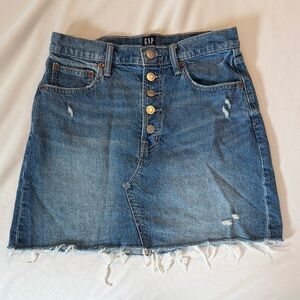 GAP Distressed Blue Denim Skirt with Button Front